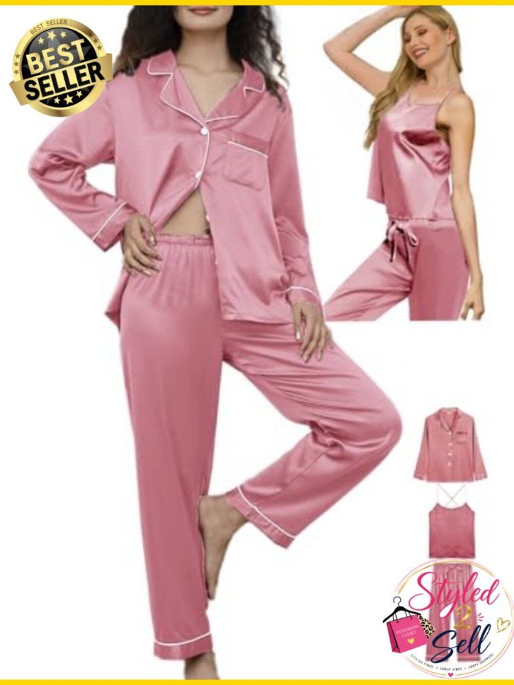WJing Yi Jia Silky Satin Pajama Set 3-Piece Cami Lounge Sleepwear